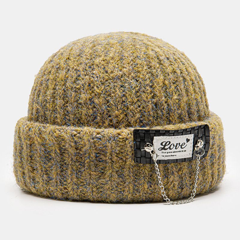 Unisex Mieszany Kolor Dzianina List Łatka Dekoracja Łańcucha Ciepło Flanging CZapka Beanie Bez Ronda