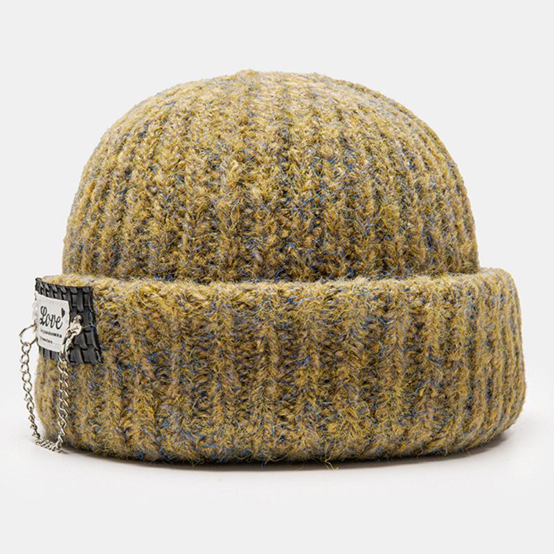 Unisex Mieszany Kolor Dzianina List Łatka Dekoracja Łańcucha Ciepło Flanging CZapka Beanie Bez Ronda