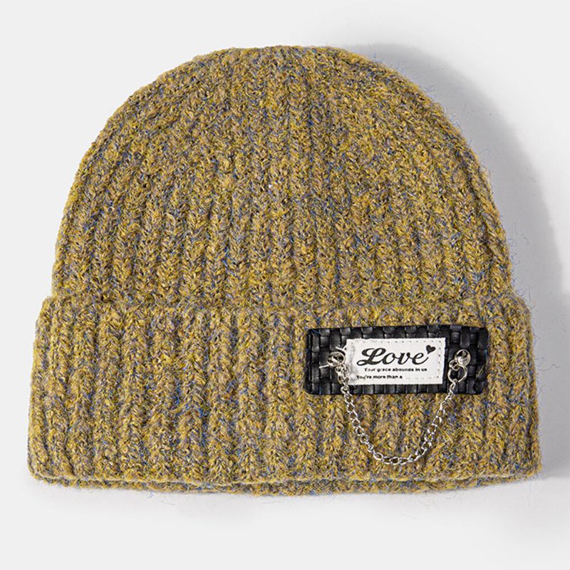 Unisex Mieszany Kolor Dzianina List Łatka Dekoracja Łańcucha Ciepło Flanging CZapka Beanie Bez Ronda