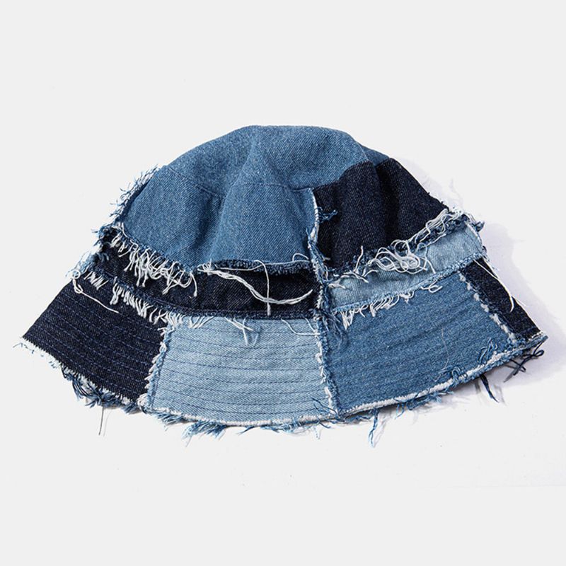 Unisex Plaid Colorblock Denim W Trudnej Sytuacji Postrzępiony Brzeg Na Co Dzień Osłona Przeciwsłoneczna Składane Płaskie CZapki Kapelusze Wiadro