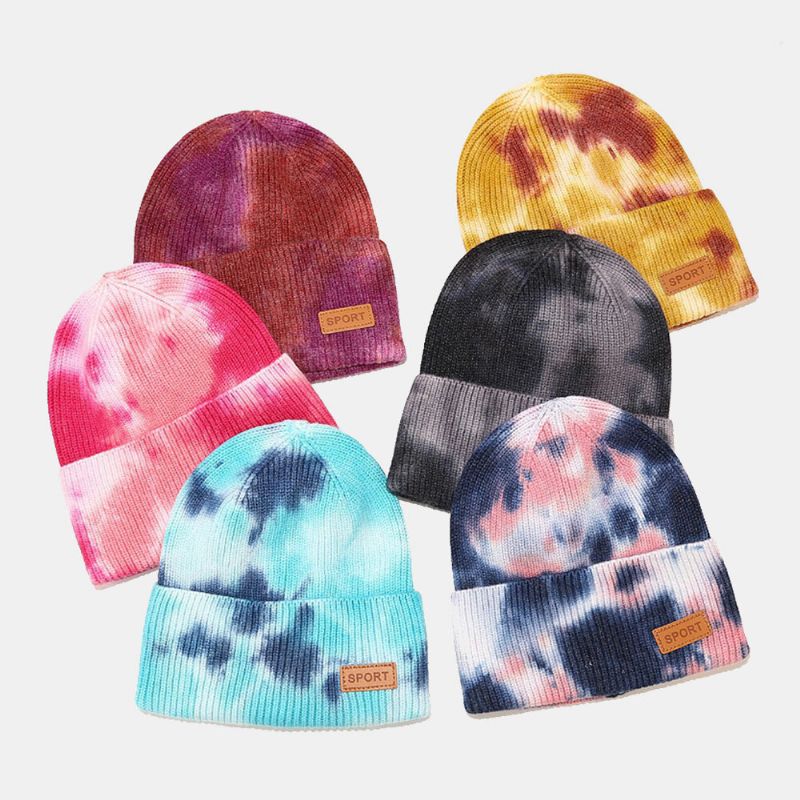 Unisex Przędza Rdzeniowa Elastyczna Dzianina Tie-dye Kapelusz Moda Na Co Dzień List Etykieta Jesień Zima Ciepło Bez Ronda CZapka Typu Beanie CZapka Właściciela