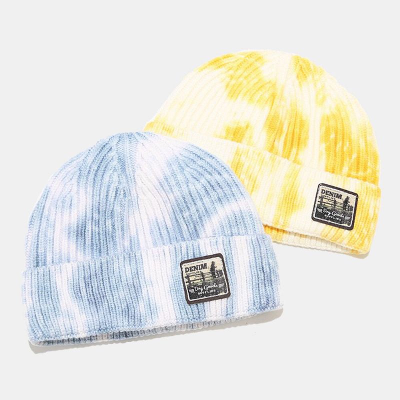 Unisex Przędza Rdzeniowa Z Dzianiny Tie-dye Cartoon Wzór Łatka Moda Ciepła CZapka Beanie