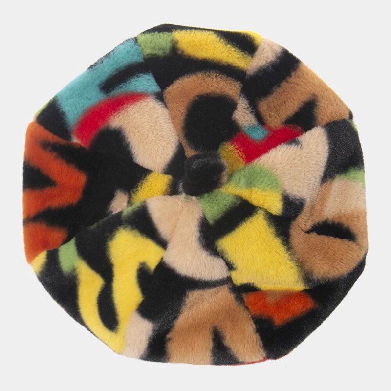 Unisex Tie-dye Pluszowy Brytyjski Styl Ciepły Miękki Przyczynowy Cały Mecz CZapka Malarza Beret Kapelusz Ośmiokątny Kapelusz