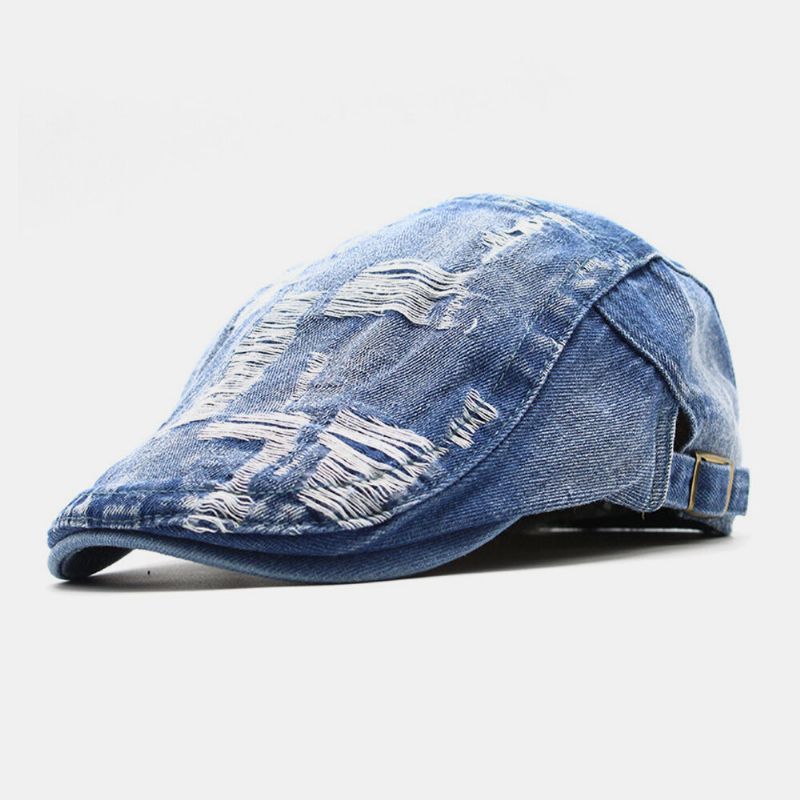 Unisex Washed Denim Obrzeża Hole Make-old Retro Osłona Przeciwsłoneczna Do Przodu CZapka Beret CZapki Płaski Kapelusz