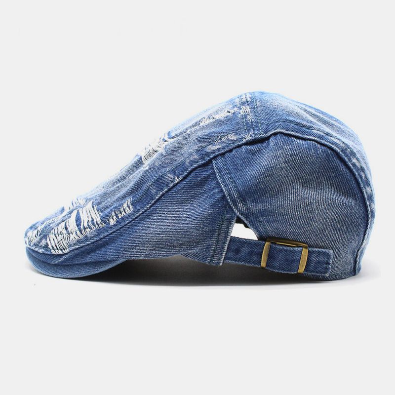 Unisex Washed Denim Obrzeża Hole Make-old Retro Osłona Przeciwsłoneczna Do Przodu CZapka Beret CZapki Płaski Kapelusz