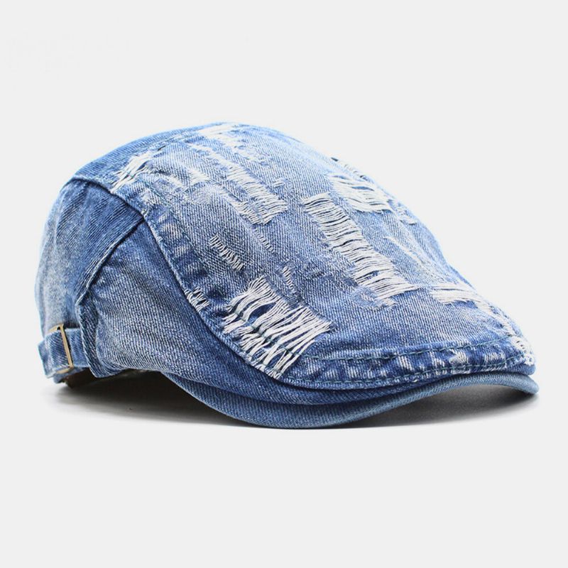 Unisex Washed Denim Obrzeża Hole Make-old Retro Osłona Przeciwsłoneczna Do Przodu CZapka Beret CZapki Płaski Kapelusz