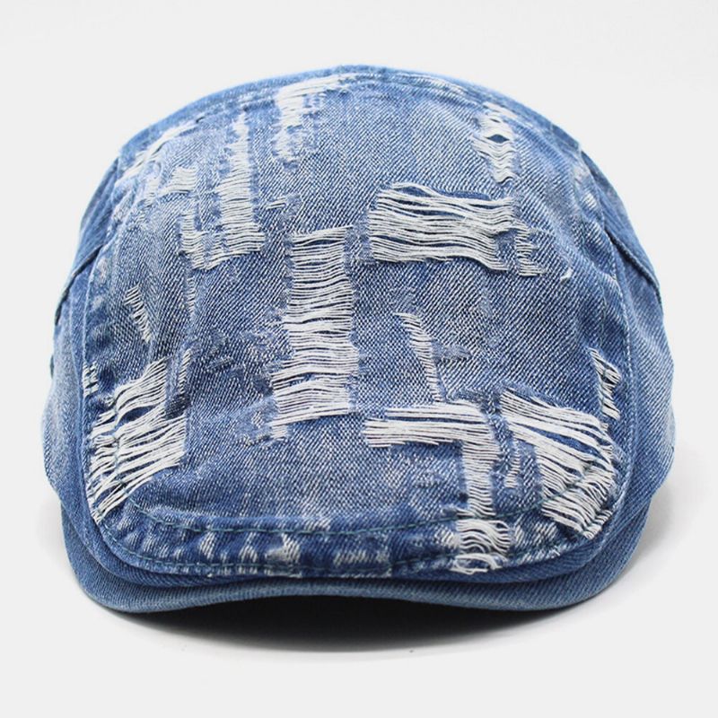 Unisex Washed Denim Obrzeża Hole Make-old Retro Osłona Przeciwsłoneczna Do Przodu CZapka Beret CZapki Płaski Kapelusz