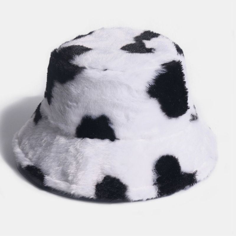 Unisex Z Włosami Królika Ciepły Pluszowy Wzór Krowy Outdoor Casual All-match Bucket Hat