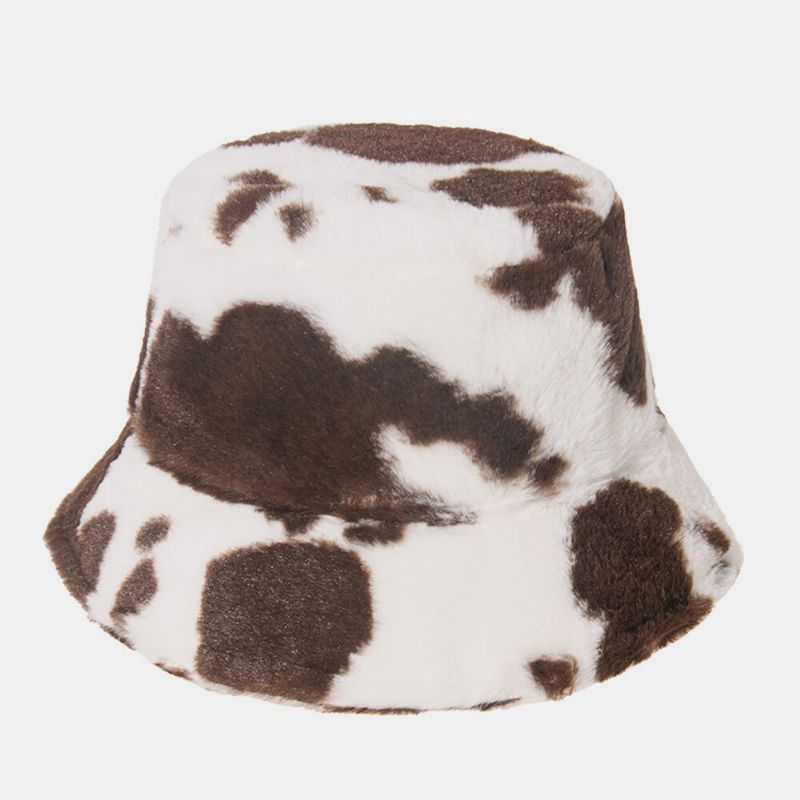 Unisex Z Włosami Królika Ciepły Pluszowy Wzór Krowy Outdoor Casual All-match Bucket Hat