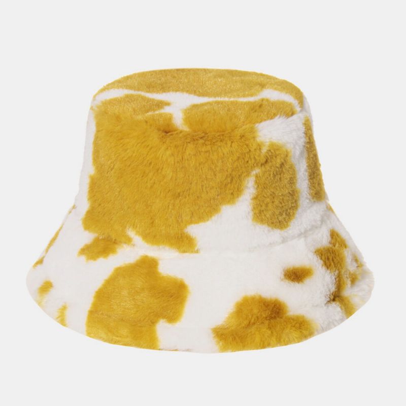 Unisex Z Włosami Królika Ciepły Pluszowy Wzór Krowy Outdoor Casual All-match Bucket Hat