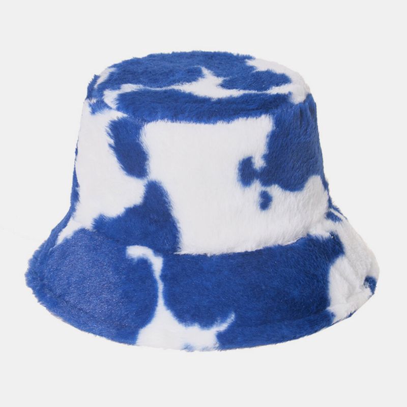 Unisex Z Włosami Królika Ciepły Pluszowy Wzór Krowy Outdoor Casual All-match Bucket Hat