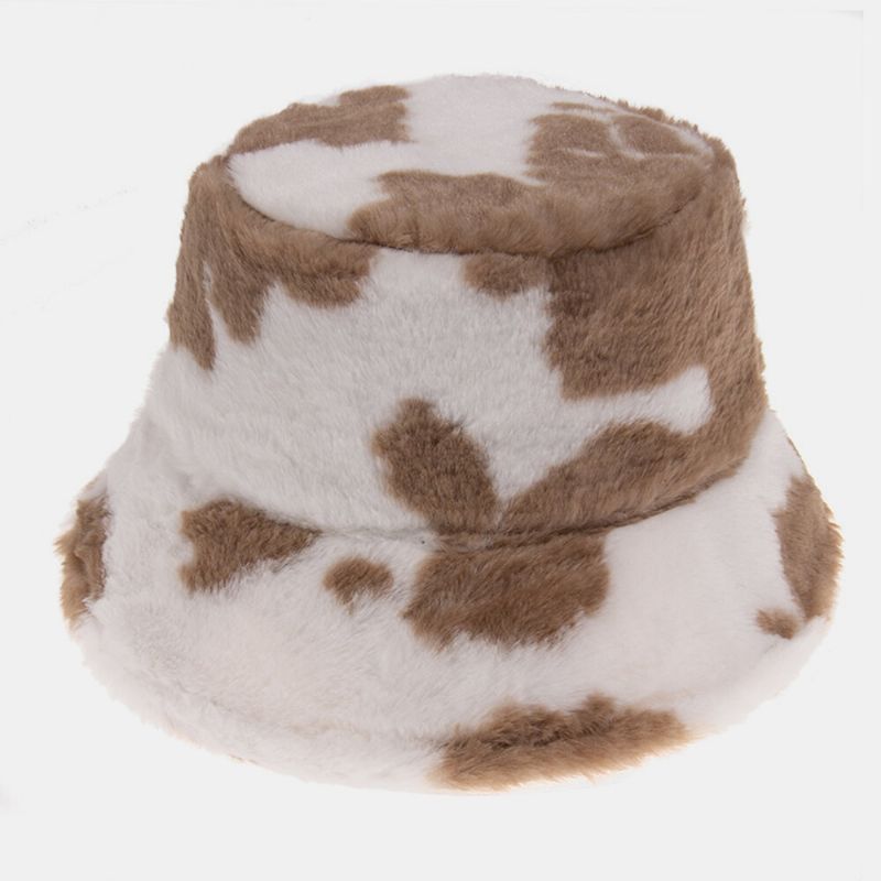 Unisex Z Włosami Królika Ciepły Pluszowy Wzór Krowy Outdoor Casual All-match Bucket Hat