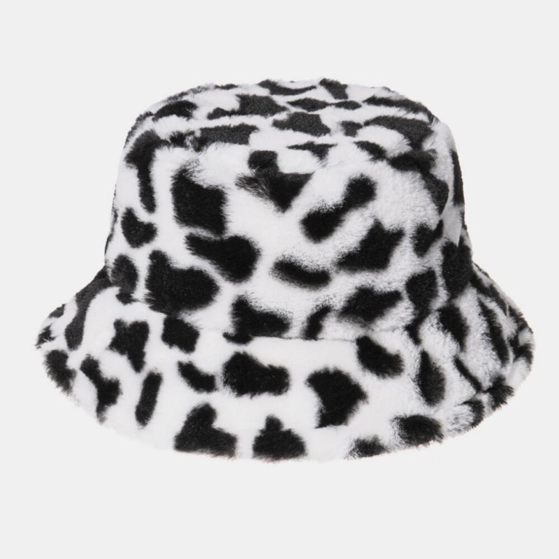 Unisex Z Włosami Królika Ciepły Pluszowy Wzór Krowy Outdoor Casual All-match Bucket Hat