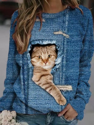 Damskie Design 3d Cat Print Sweter Z Długim Rękawem Śliczne Bluzy