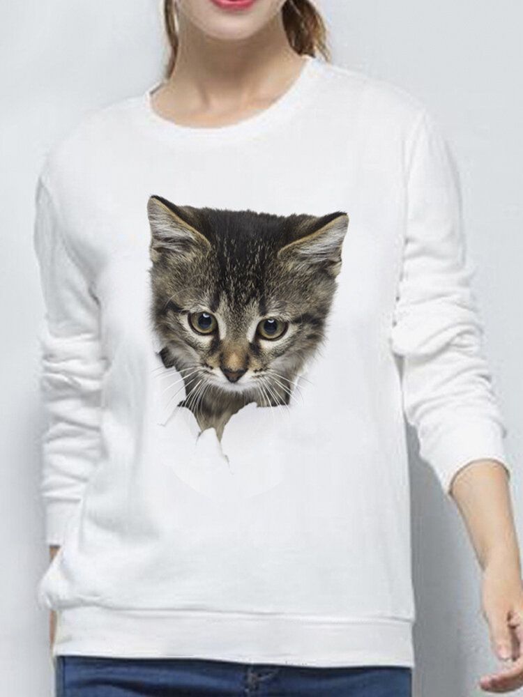 Kobiety 3d Cute Little Cat Print Crew Neck Casual Prosta Bluza Z Długim Rękawem Z Długim Rękawem