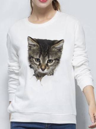 Kobiety 3d Cute Little Cat Print Crew Neck Casual Prosta Bluza Z Długim Rękawem Z Długim Rękawem