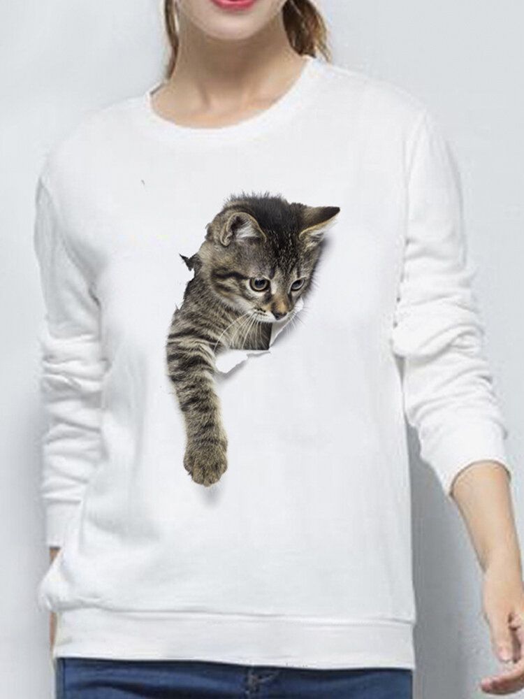 Kobiety 3d Cute Little Cat Print Crew Neck Casual Prosta Bluza Z Długim Rękawem Z Długim Rękawem