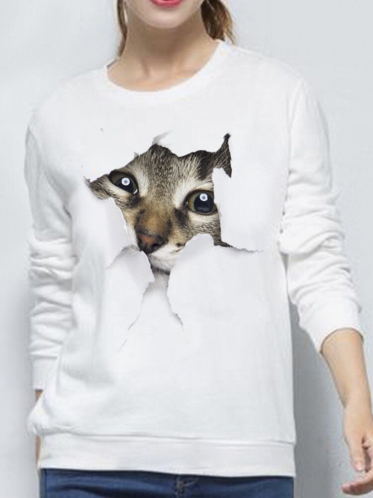 Kobiety 3d Cute Little Cat Print Crew Neck Casual Prosta Bluza Z Długim Rękawem Z Długim Rękawem