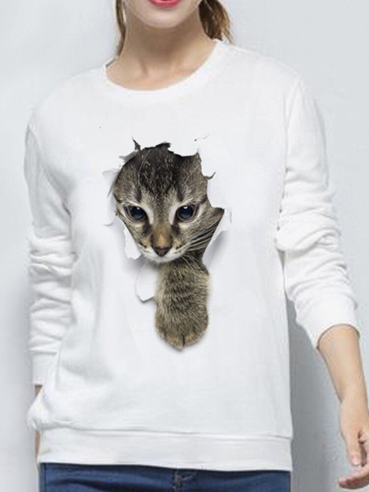 Kobiety 3d Cute Little Cat Print Crew Neck Casual Prosta Bluza Z Długim Rękawem Z Długim Rękawem