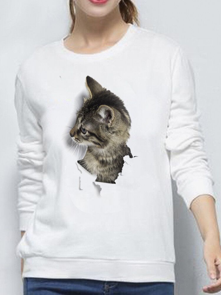 Kobiety 3d Cute Little Cat Print Crew Neck Casual Prosta Bluza Z Długim Rękawem Z Długim Rękawem