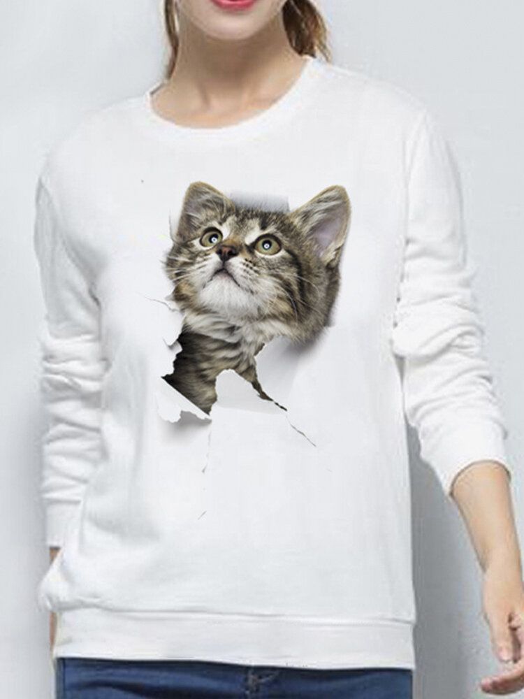 Kobiety 3d Cute Little Cat Print Crew Neck Casual Prosta Bluza Z Długim Rękawem Z Długim Rękawem