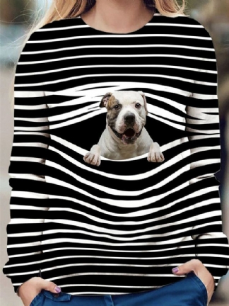 Kobiety 3d Dog Stripe Print O-neck Pullover Casual Bluzy