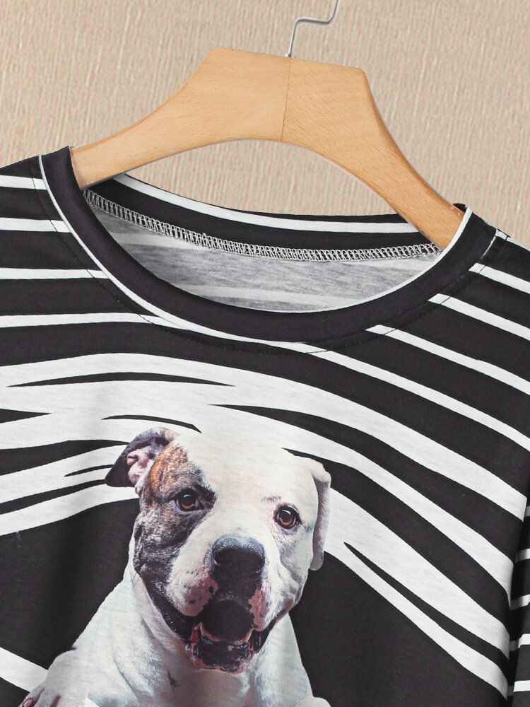 Kobiety 3d Dog Stripe Print O-neck Pullover Casual Bluzy