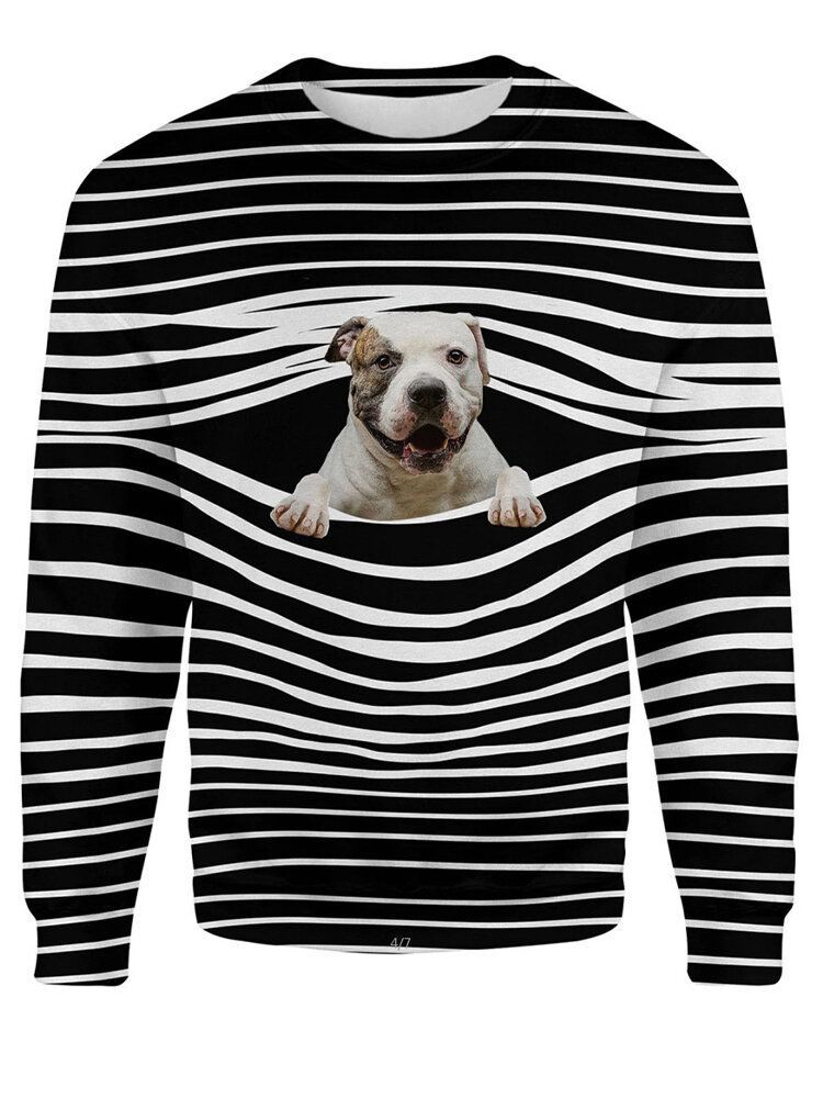 Kobiety 3d Dog Stripe Print O-neck Pullover Casual Bluzy