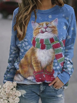 Kobiety Boże Narodzenie Allover Cute Cat Printed O-neck Bluzy Z Długim Rękawem