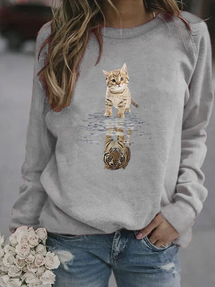 Kobiety Cartoon Animal Cat Print Sweter Z Długim Rękawem Śliczne Bluzy