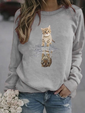 Kobiety Cartoon Animal Cat Print Sweter Z Długim Rękawem Śliczne Bluzy