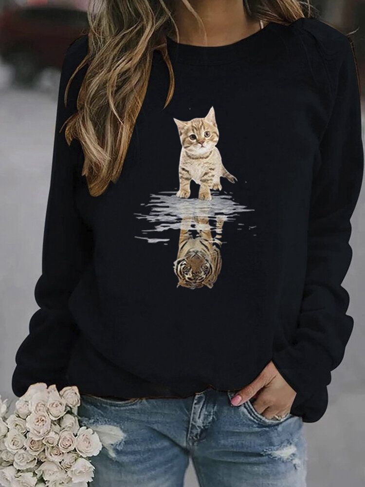 Kobiety Cartoon Animal Cat Print Sweter Z Długim Rękawem Śliczne Bluzy