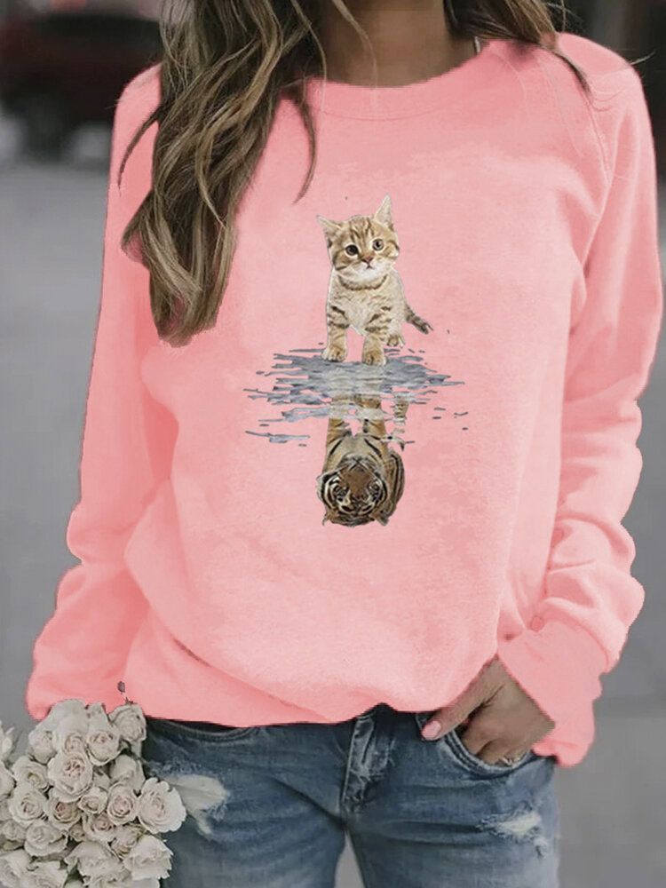 Kobiety Cartoon Animal Cat Print Sweter Z Długim Rękawem Śliczne Bluzy