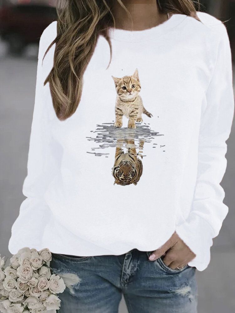 Kobiety Cartoon Animal Cat Print Sweter Z Długim Rękawem Śliczne Bluzy