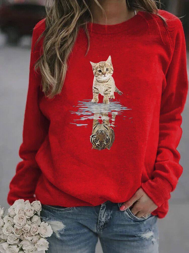 Kobiety Cartoon Animal Cat Print Sweter Z Długim Rękawem Śliczne Bluzy