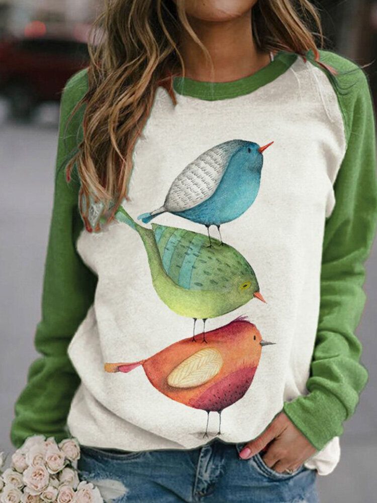 Kobiety Cartoon Bird Print O-neck Raglanowe Rękawy Bluzy Pulowerowe