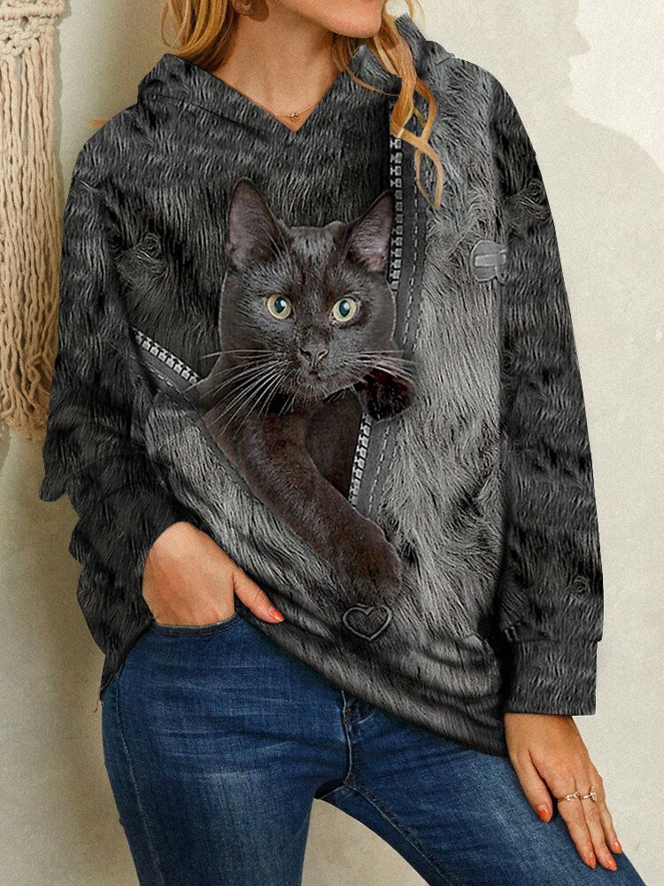 Kobiety Cartoon Black Cat Print Z Długim Rękawem Casual Bluzy