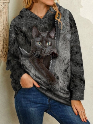 Kobiety Cartoon Black Cat Print Z Długim Rękawem Casual Bluzy