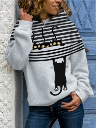 Kobiety Cartoon Cat Stripe Print Codzienne Casual Bluzy Z Długim Rękawem