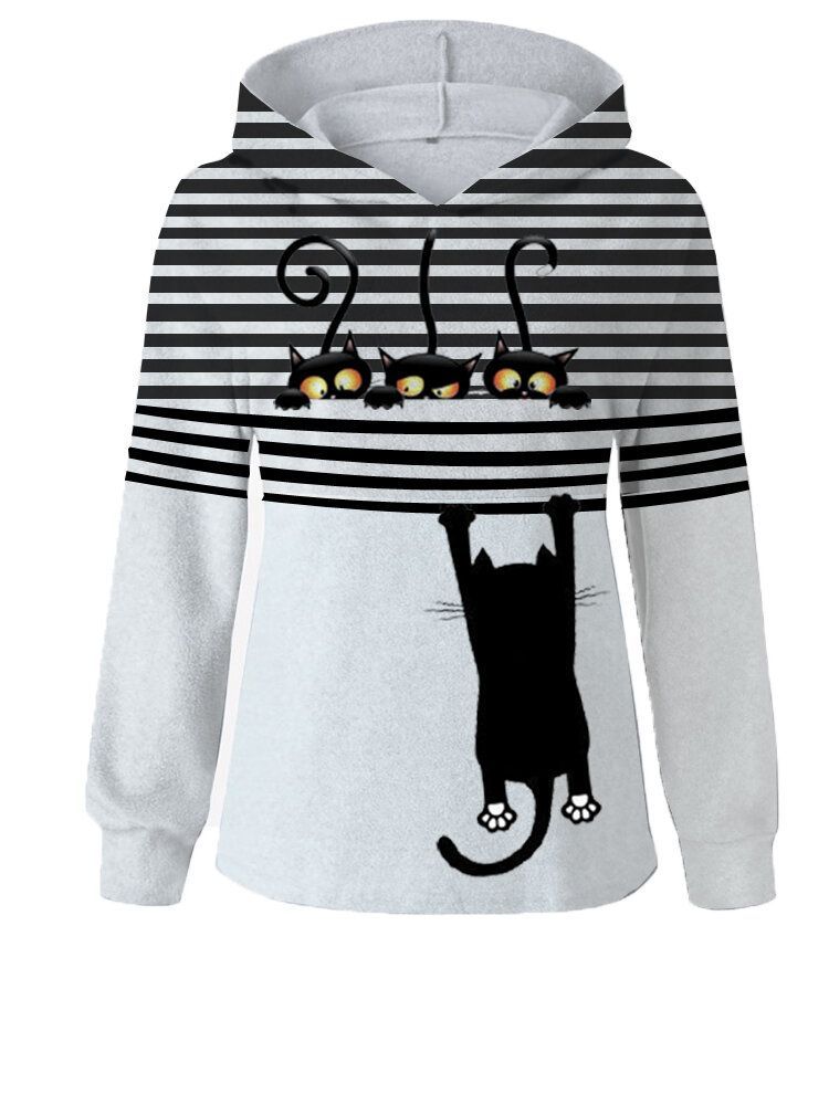 Kobiety Cartoon Cat Stripe Print Codzienne Casual Bluzy Z Długim Rękawem