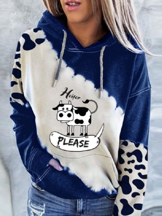 Kobiety Cartoon Cow Kontrastowy Nadruk Z Długim Rękawem Casual Bluzy Ze Sznurkiem