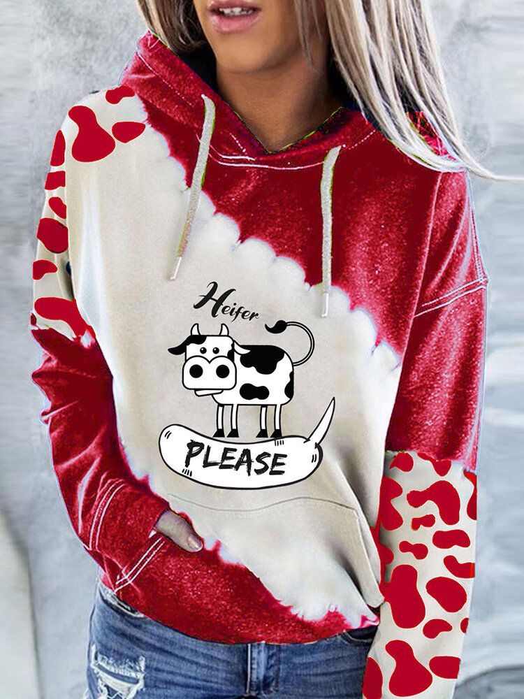 Kobiety Cartoon Cow Kontrastowy Nadruk Z Długim Rękawem Casual Bluzy Ze Sznurkiem