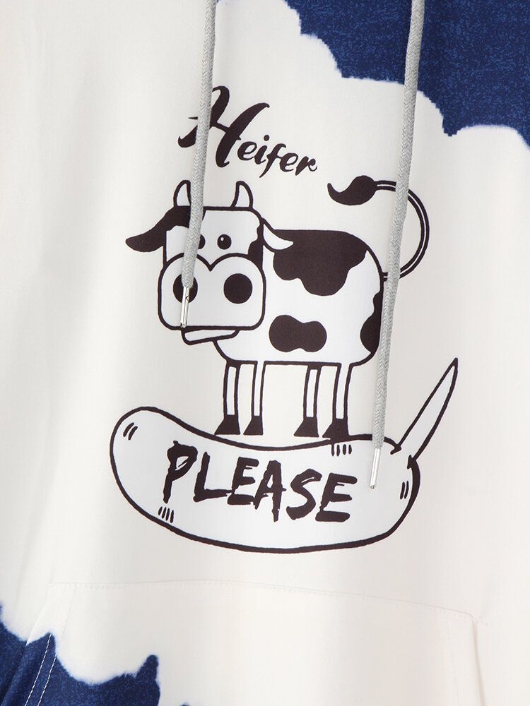 Kobiety Cartoon Cow Kontrastowy Nadruk Z Długim Rękawem Casual Bluzy Ze Sznurkiem