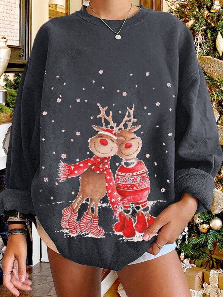 Kobiety Christmas Elk Cartoon Cerf Snow Print Casual O-neck Loose Casual Pullover Bluza