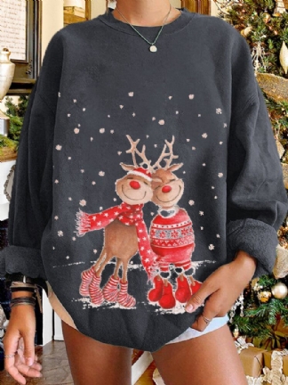 Kobiety Christmas Elk Cartoon Cerf Snow Print Casual O-neck Loose Casual Pullover Bluza