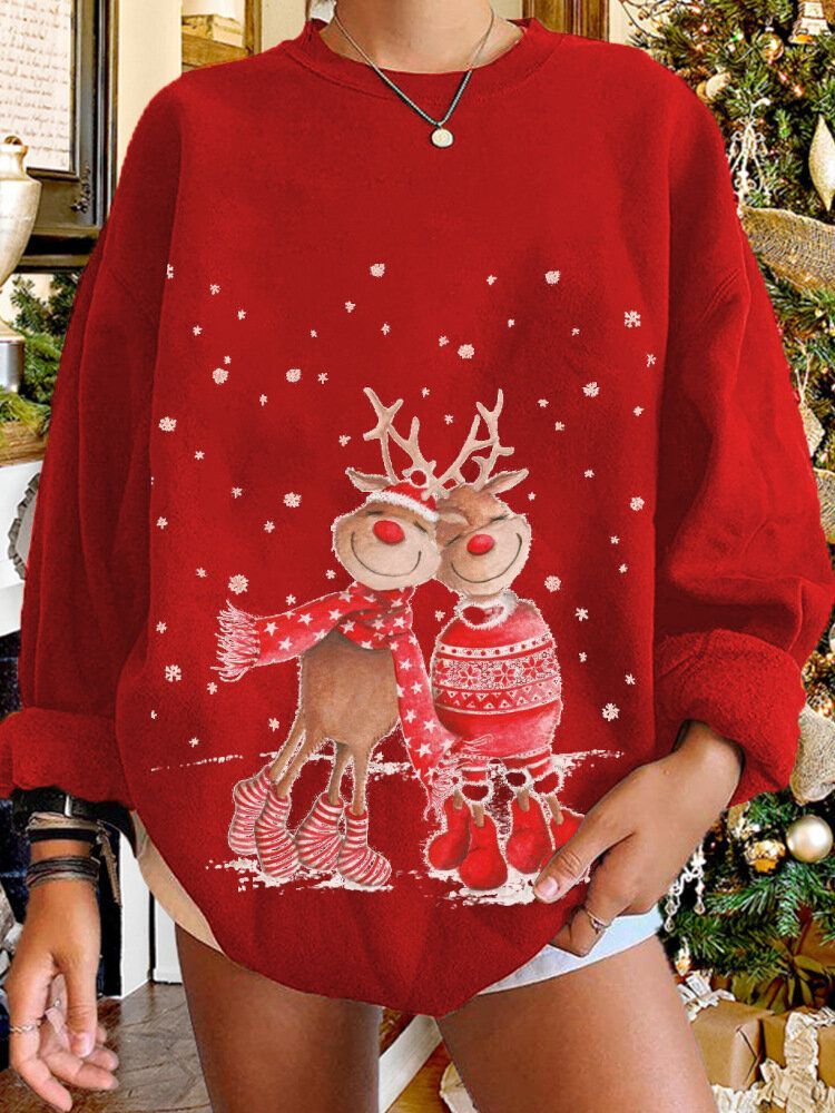 Kobiety Christmas Elk Cartoon Cerf Snow Print Casual O-neck Loose Casual Pullover Bluza