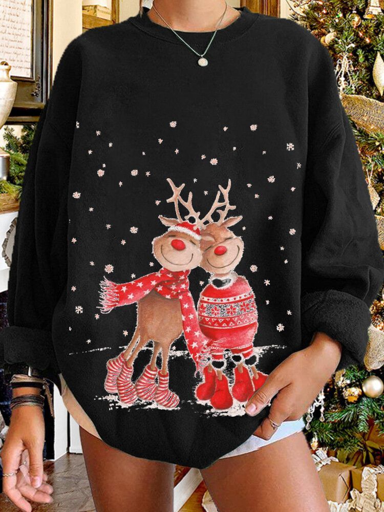 Kobiety Christmas Elk Cartoon Cerf Snow Print Casual O-neck Loose Casual Pullover Bluza