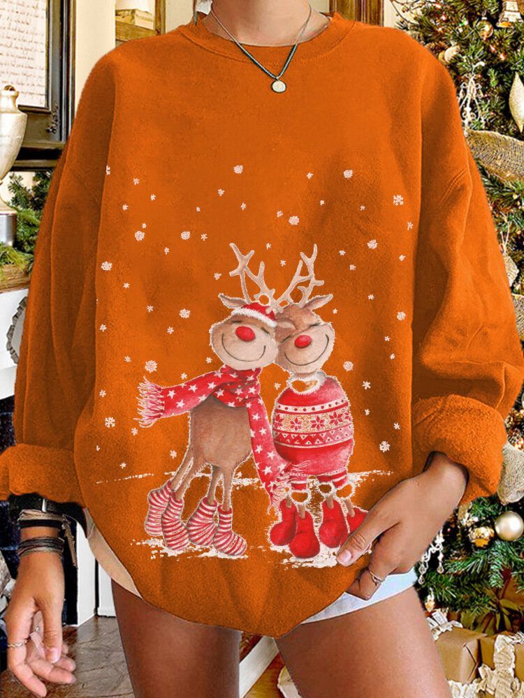 Kobiety Christmas Elk Cartoon Cerf Snow Print Casual O-neck Loose Casual Pullover Bluza