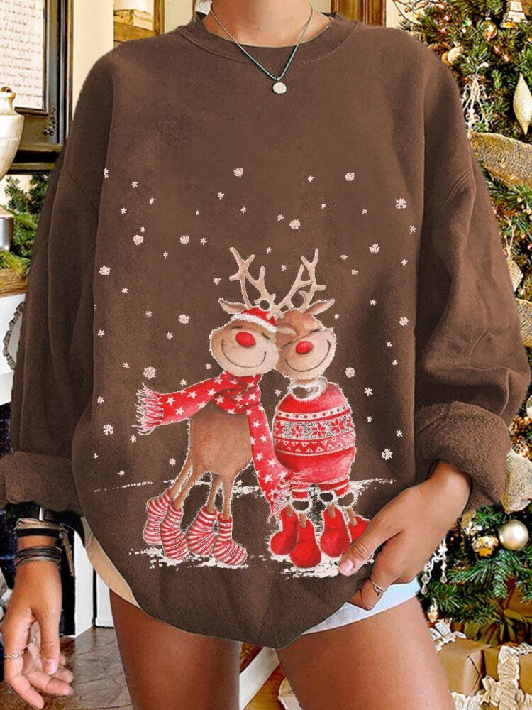 Kobiety Christmas Elk Cartoon Cerf Snow Print Casual O-neck Loose Casual Pullover Bluza