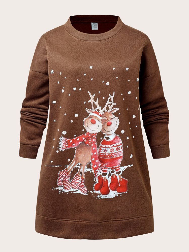 Kobiety Christmas Elk Cartoon Cerf Snow Print Casual O-neck Loose Casual Pullover Bluza